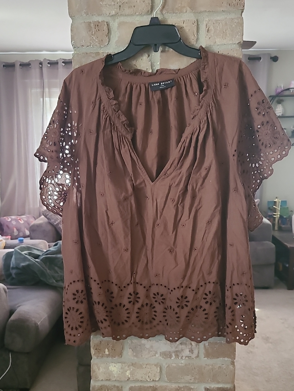 Lane Bryant Brown Eyelet V-Neck Short Sleeve Blouse 22/24